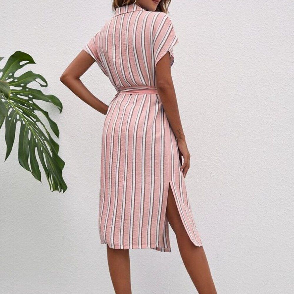 SHEIN Pink White Gray stripe belted Dolman Sleeve Midi shirt Dress medium - Picture 3 of 8